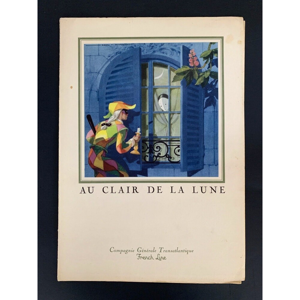 French Line TransAtlantique Dinner Menu & Sheet Music Au Clair de la Lune 1958